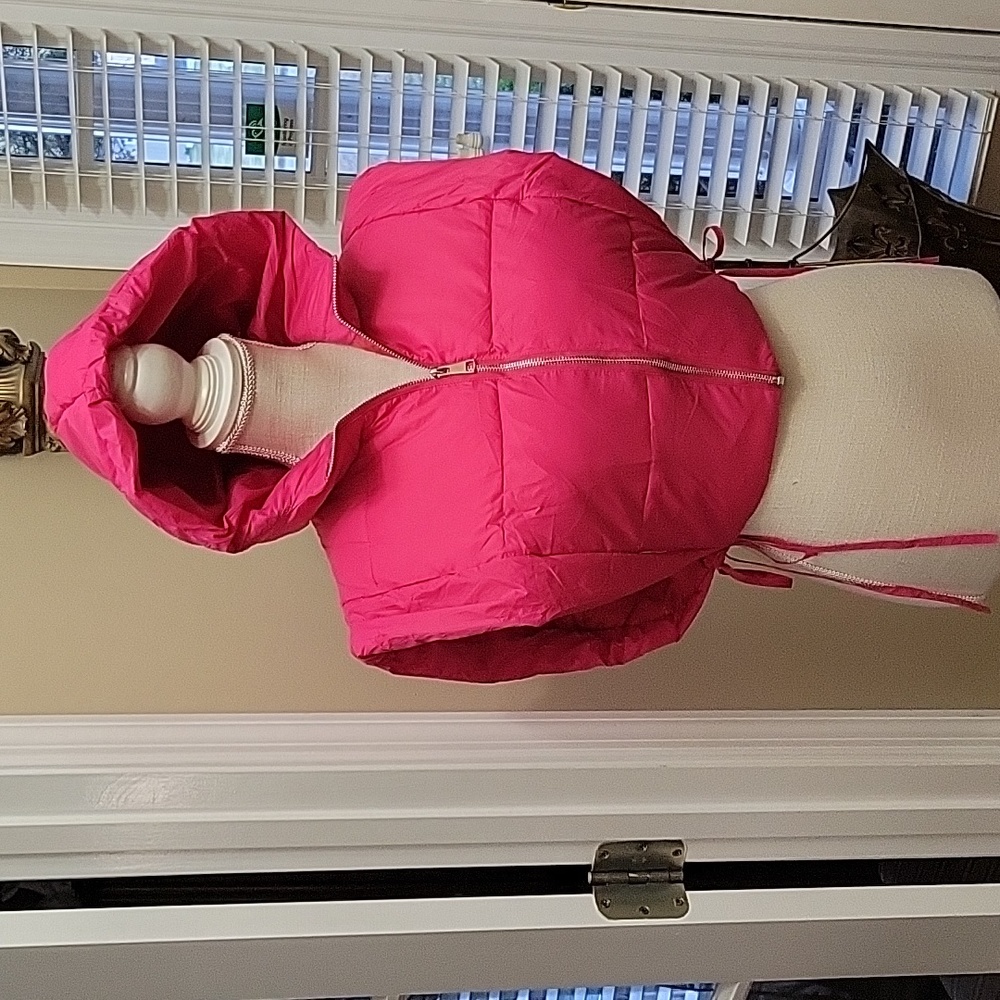 Bnigung cropped puffer vest tie waist sleeveless zipup hoodie Hot Pink Small New